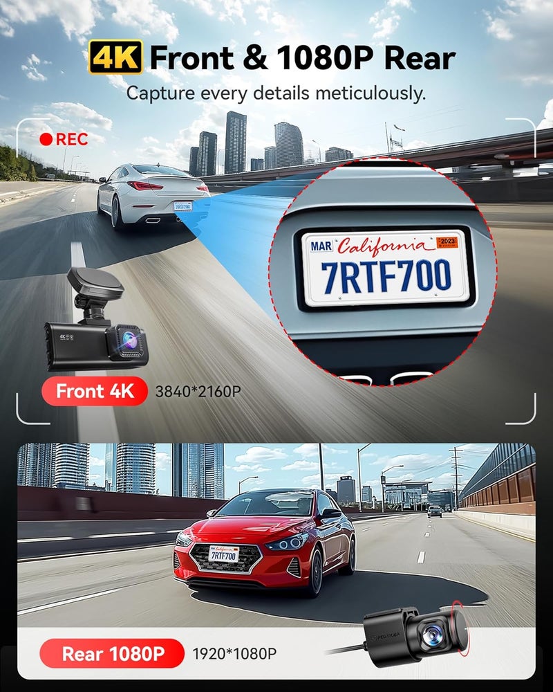 REDTIGER 4K Dash Cam Front and Rear, STARVIS 2 Sensor, 64GB Card Included, 4K/2.5K+1080P Dual Dash Camera for Cars Built-in WiFi GPS, 3.18 Inch IPS Screen, 170° Wide Angle, Parking Monitor (F7N Pro) - Image 2